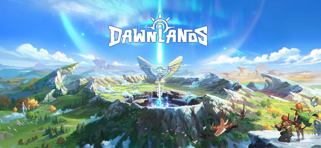 Dawnlands - Dawnlands game featuring a vibrant open world landscape with stylized characters overlooking a green valley and central monument