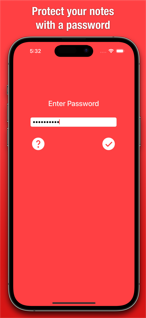 Tela de entrada de senha do aplicativo Secure Notepad com interface vermelha minimalista.