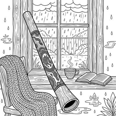 Embrace the warmth of a rainy day with this unique didgeridoo coloring page. Featuring an intricately patterned aboriginal instrument in a cozy indoor setting, it's the perfect artistic escape.