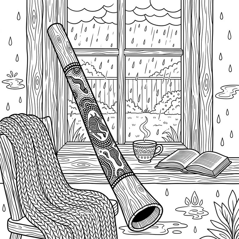 Embrace the warmth of a rainy day with this unique didgeridoo coloring page. Featuring an intricately patterned aboriginal instrument in a cozy indoor setting, it's the perfect artistic escape.