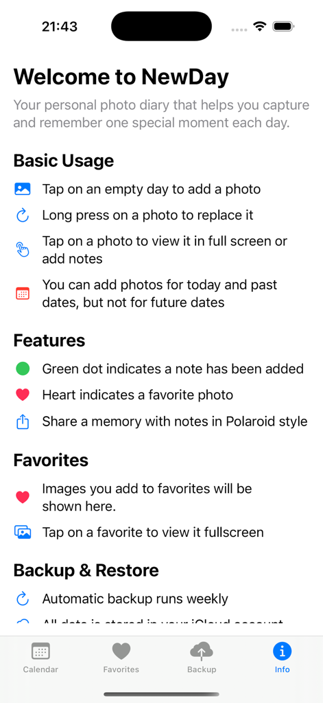 New-Day - The Welcome to NewDay screen detailing basic usage and features of the photo diary app