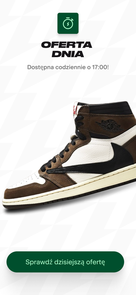 Grailz – Sneakers i Streetwear - Interfaz de oferta diaria de Grailz que presenta un sneaker de edición limitada y una cuenta regresiva para las ofertas diarias.