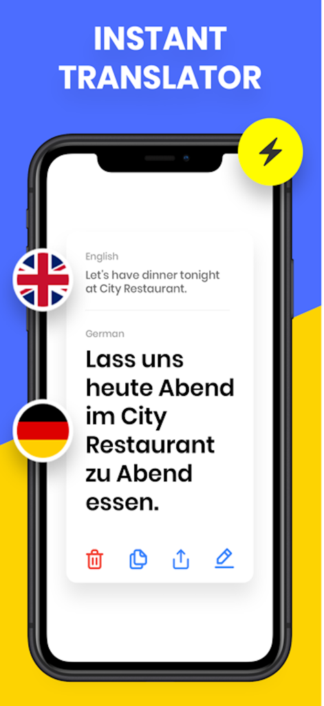 Translate All Language ® - Interface of a mobile translation app showing English text translated into German
