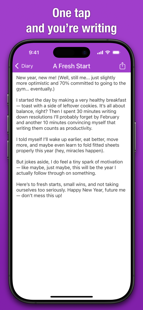 Simple Daily Diary - A minimalist writing screen in the Simple Daily Diary app showing a journal entry titled A Fresh Start on an iPhone