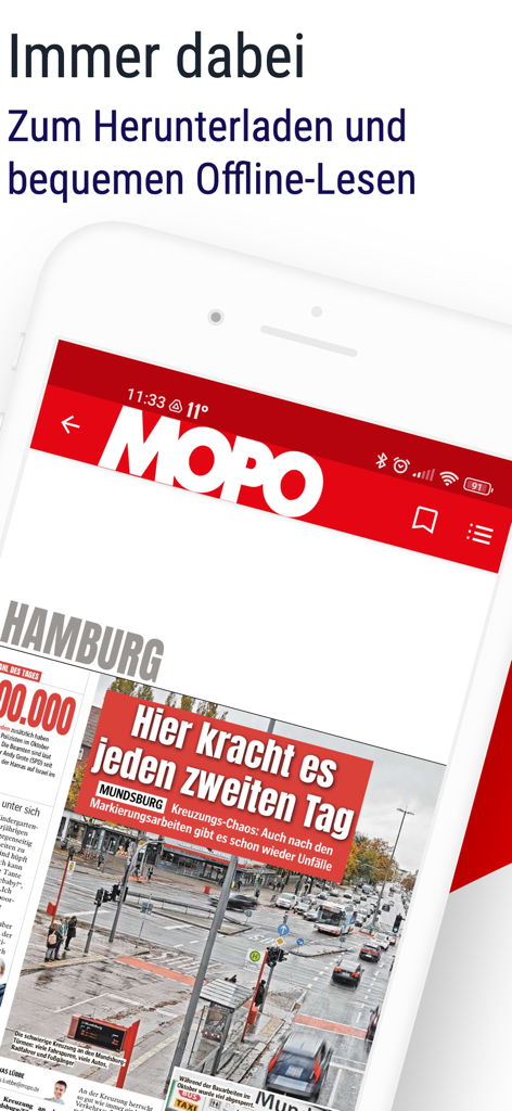 Interfaz de la aplicación MOPO E-Paper en un smartphone mostrando noticias locales de Hamburgo con funciones de lectura sin conexión