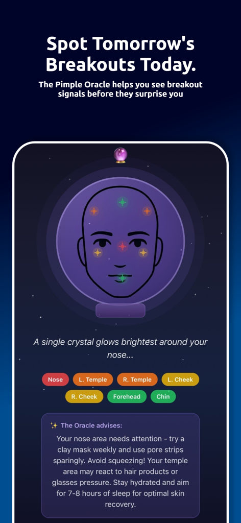 Puffin: Acne Tracker - Oberfläche der Puffin Akne-Tracker-App, die die Pickel-Orakel-Funktion zur Vorhersage von Ausbrüchen basierend auf Gesichtszonen zeigt.