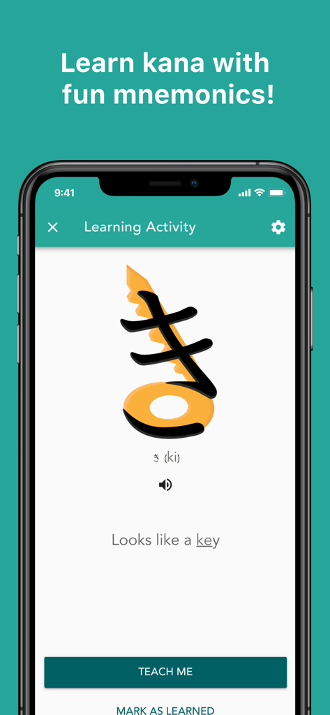Skritter mobile app displaying a mnemonic lesson for the Japanese hiragana character ki