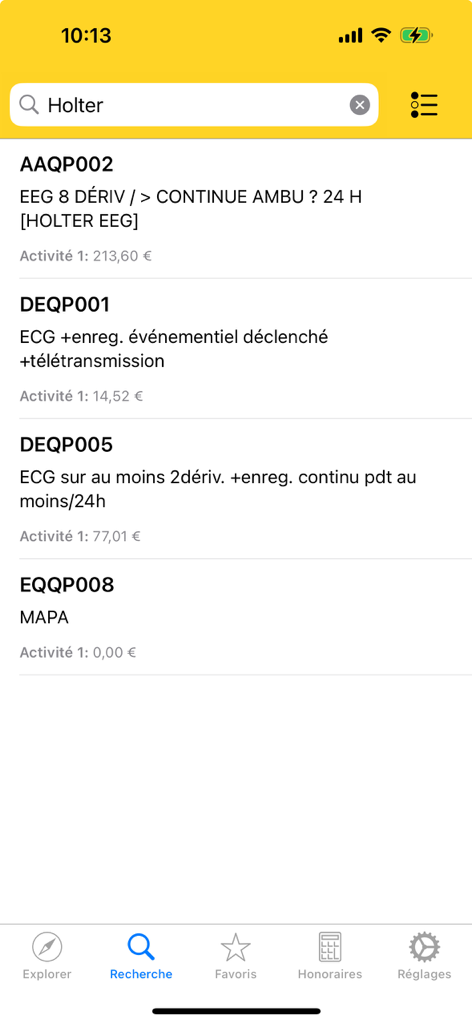 Mobile app interface showing CCAM medical procedure codes and their associated fees