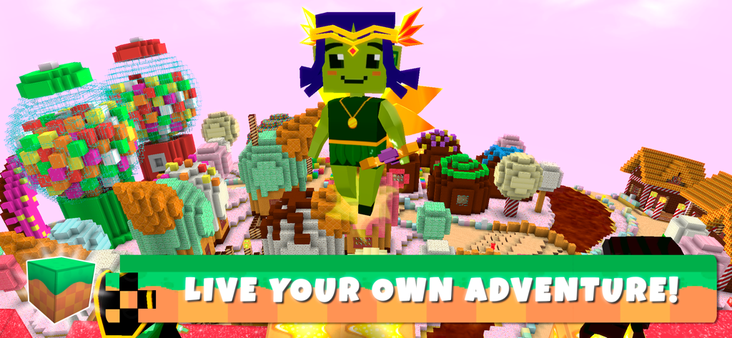 A flying green character in a colorful candy themed block world in the game Crafty Lands