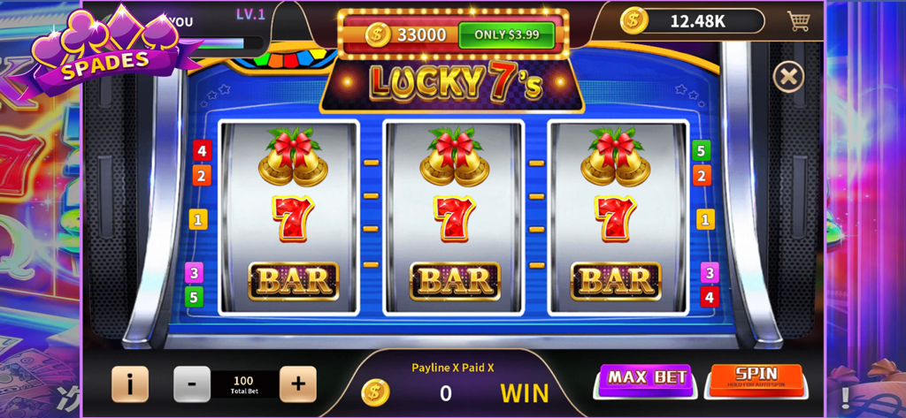 Spades - offline card games. - Lucky 7s slot machine mini game with bells and bar symbols in the Spades app