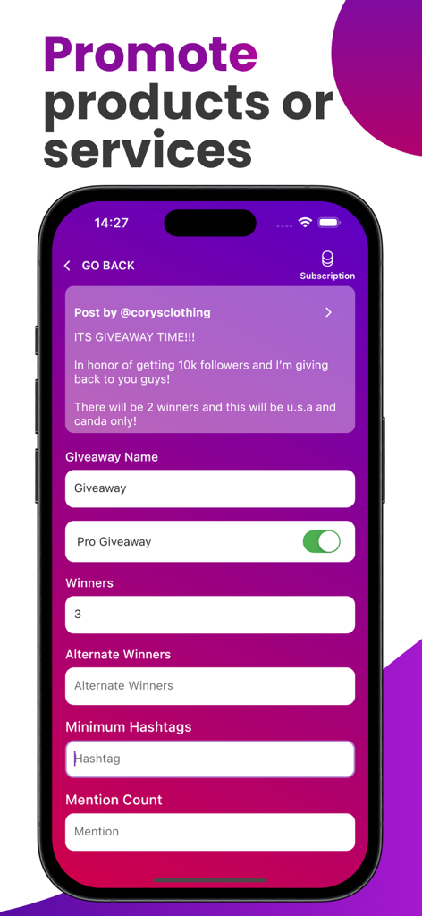 Giveaway for Instagram Post - Instagramプレゼント企画の当選者とルールフィルターを設定するためのモバイルアプリ画面