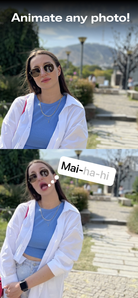 Avatarify: AI Face Animator - Side by side comparison of a static photo and an AI animated version of a woman singing a meme song