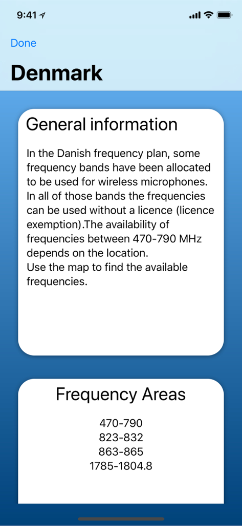 Directrices de frecuencia de micrófono inalámbrico para Dinamarca en la aplicación MHz