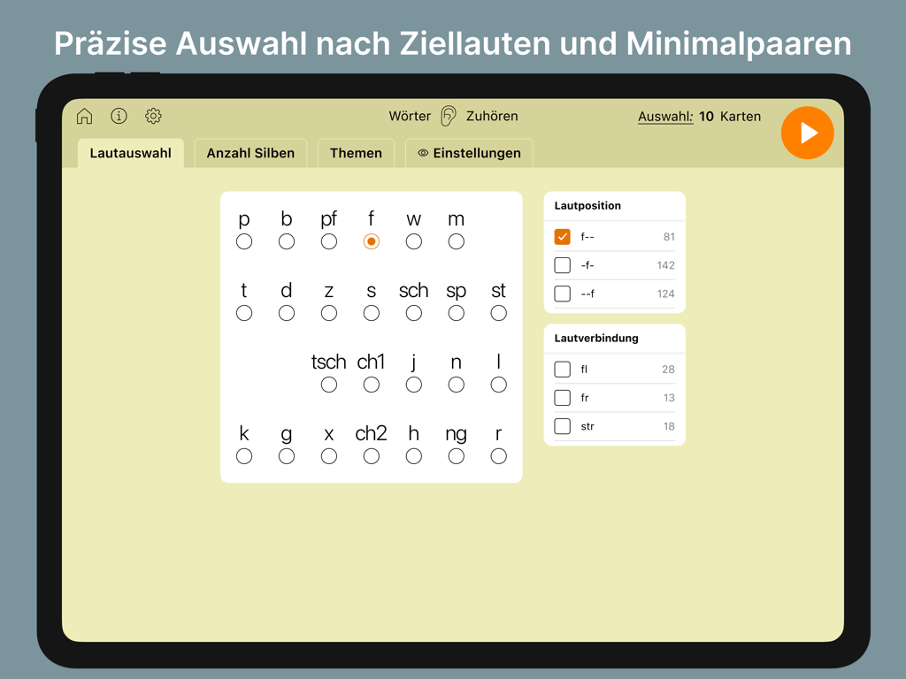 Lexico Hören Pro - Menú de selección de sonido objetivo en Lexico Hoeren Pro que muestra opciones de consonantes y posiciones de sonido para terapia del habla.