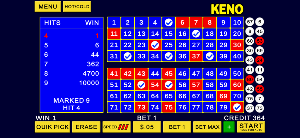 Keno Casino Games - Une interface de jeu de keno classique montrant un plateau numéroté avec des cases sélectionnées et un tableau des gains.