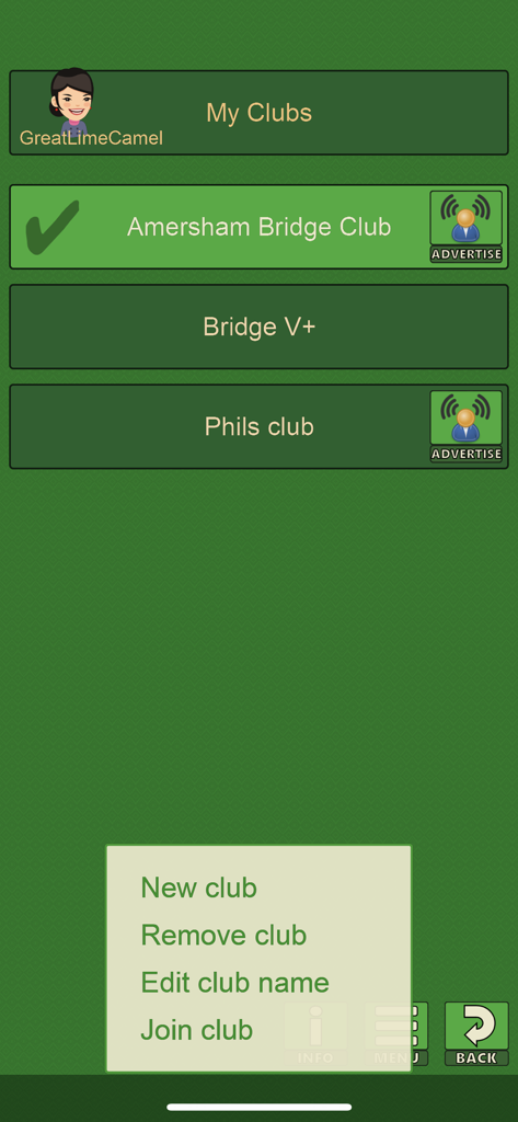 Bridge V+, bridge card game - Menú Mis Clubs de la aplicación Bridge V plus mostrando una lista de clubes de bridge y opciones de gestión