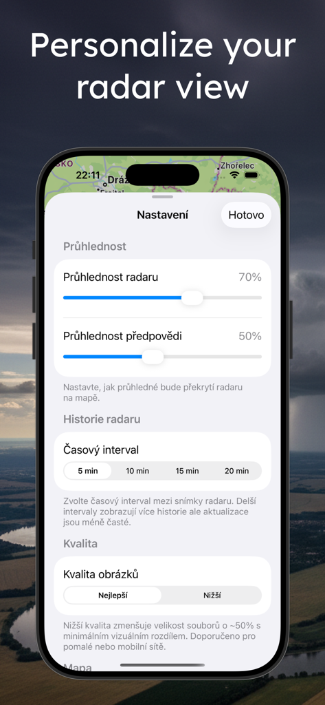 Un écran de réglages dans l'application Meteoradar CZ permettant aux utilisateurs d'ajuster la transparence du radar et la qualité de l'image pour de meilleures performances.