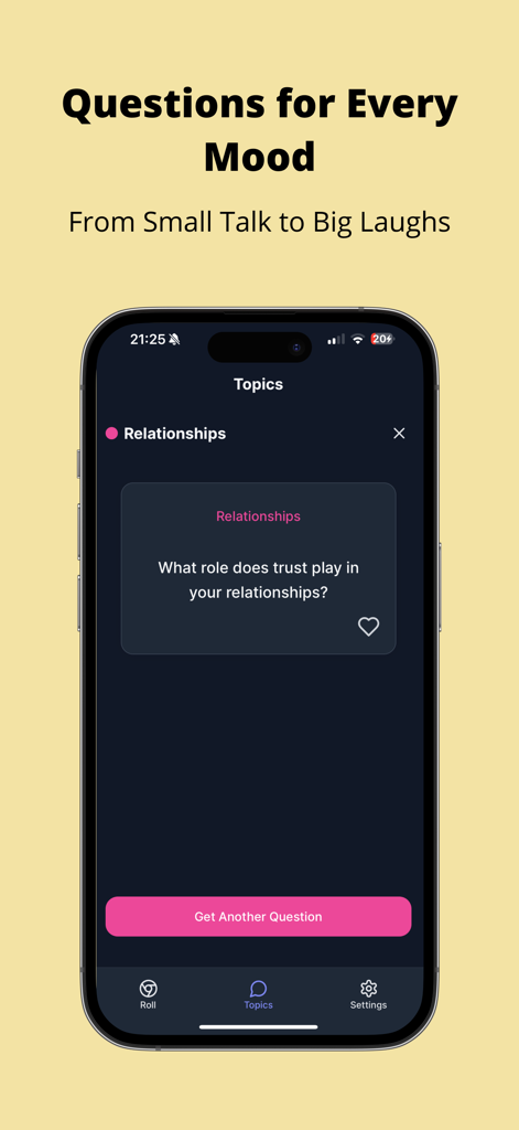 Conversation Starter App - Smartphone screen showing a relationship conversation starter question about trust