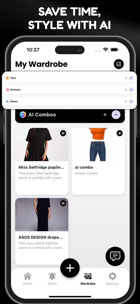 Smart Closet: Your AI Stylist - Interfaz de aplicación móvil de Smart Closet que muestra un armario digital con categorías y combinaciones de atuendos generadas por IA.
