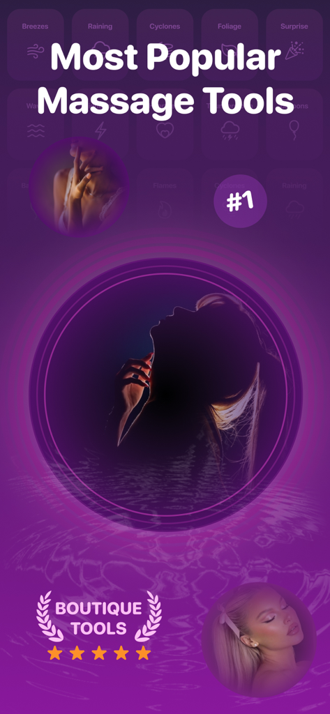 App screen showing popular massage tools and various vibration patterns for relaxation