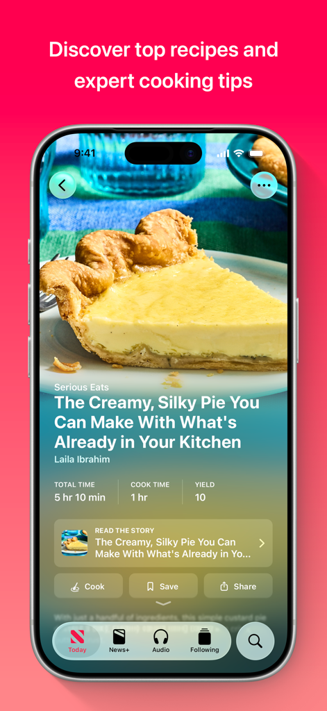 Apple News - Apple News app interface showing a recipe for a creamy silky pie with cooking tips.