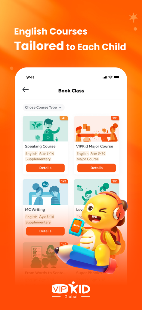 VIPKid - Écran de l'application mobile VIPKid montrant une sélection de cours d'anglais personnalisés pour enfants.