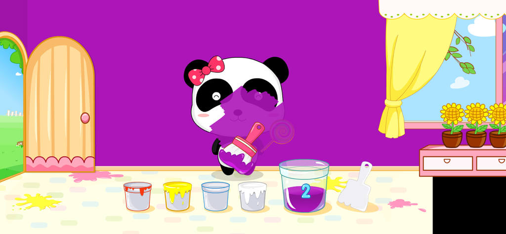 Magical Color Mixing Studio - A baby panda character painting itself purple to hide against a purple wall in the Magical Color Mixing Studio app.