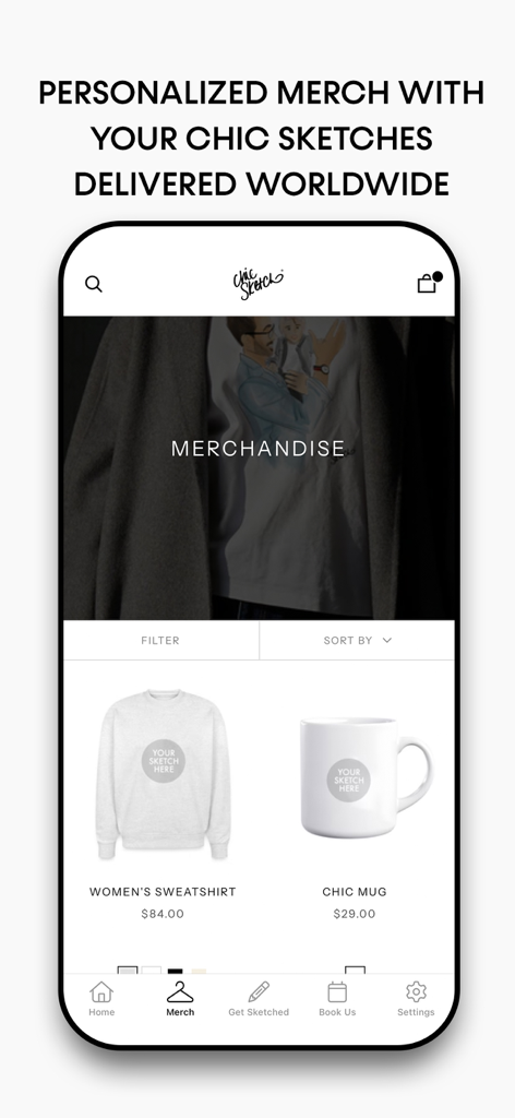 Chic Sketch - Chic Sketch app interface displaying personalized merchandise options including a sweatshirt and mug featuring custom fashion illustrations.