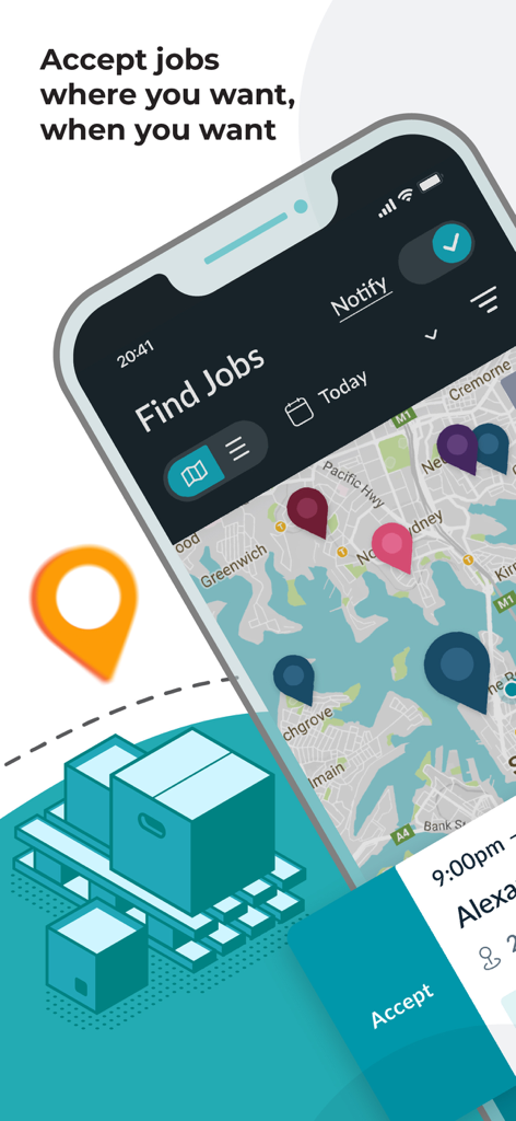 Sherpa Driver - 利用可能な配達求人が表示された地図とスマートフォンの画面に表示される承諾ボタンが表示されたSherpa Driverアプリのインターフェース。
