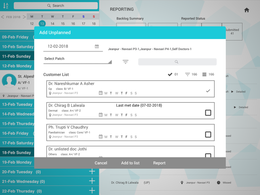 Phyzii Tab - Interface of the Phyzii Tab app showing a popup to add unplanned doctor visit reports on an iPad screen.