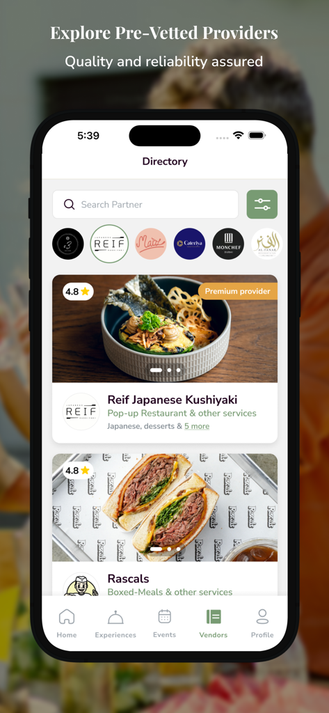 YouCater - Event Catering - Screenshot of YouCater app showing a curated list of pre-vetted event caterers and premium food providers