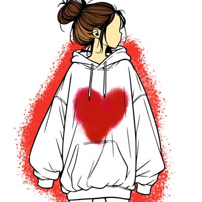 realistic girl with a oversized sweatshirt on and a bun