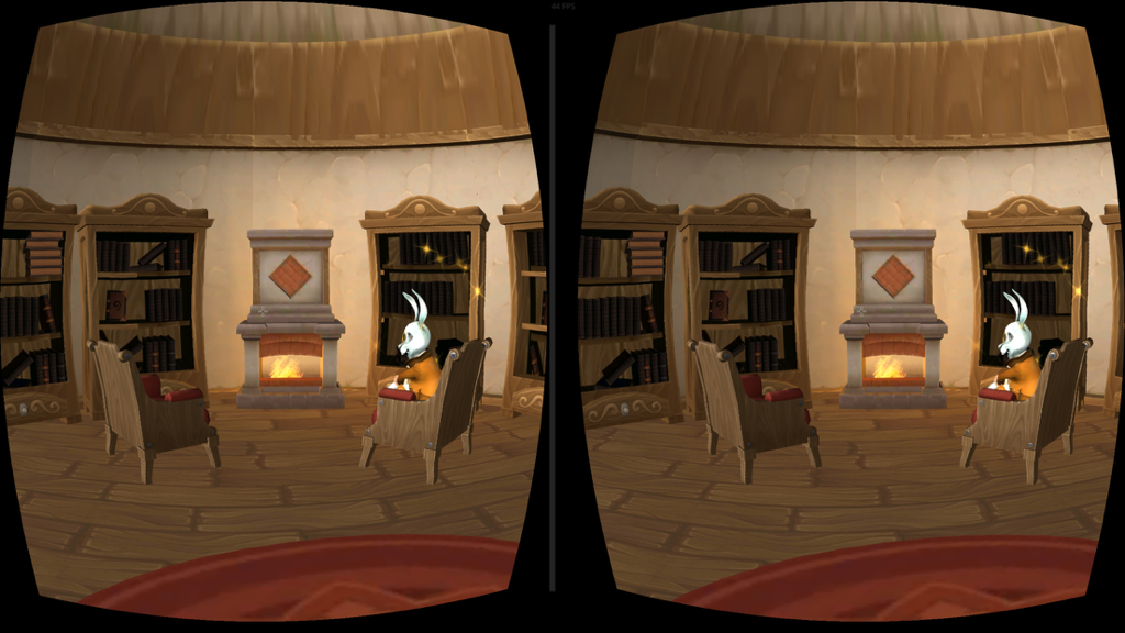 A stereoscopic VR view of the White Rabbit character sitting in a library from the ALICE AR app.
