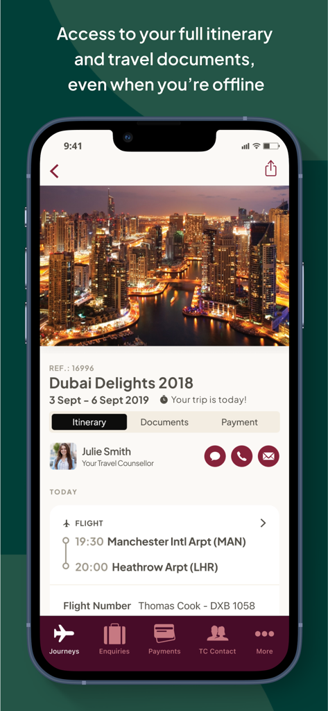 myTC - Travel Counsellors - Mobile app interface showing a Dubai travel itinerary with offline document access and travel counselor contact options
