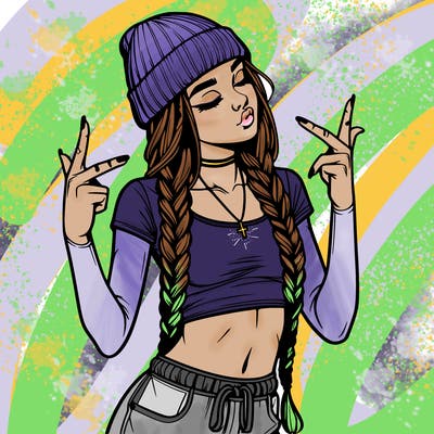 realistic teenage girl with braids and a beanie and crop top doing 🫶🏼