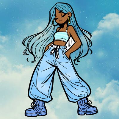 girl in baggy pants crop top and long hair