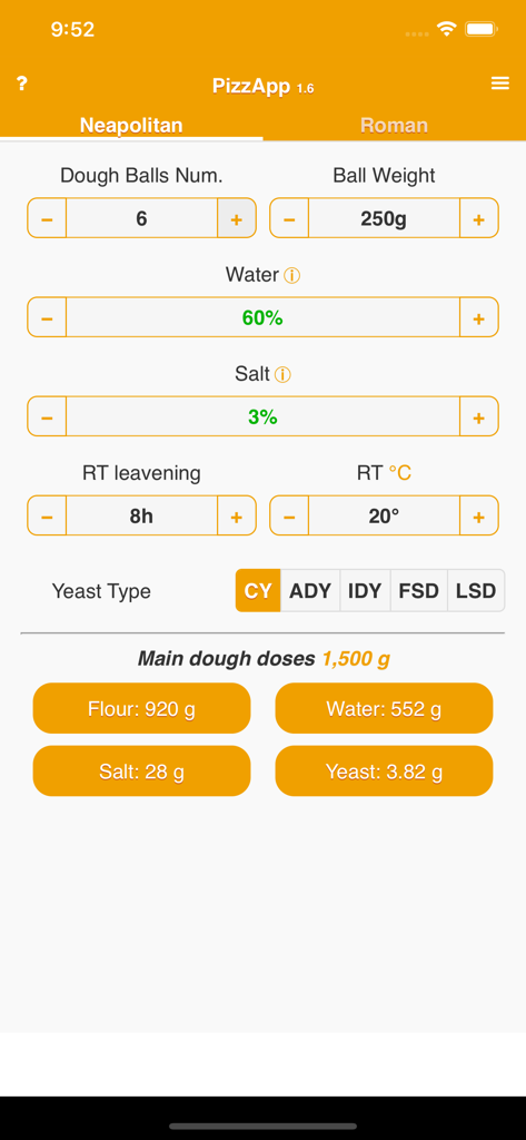 PizzApp+ - PizzApp mobile interface showing a Neapolitan dough calculator with calculated weights for flour water salt and yeast