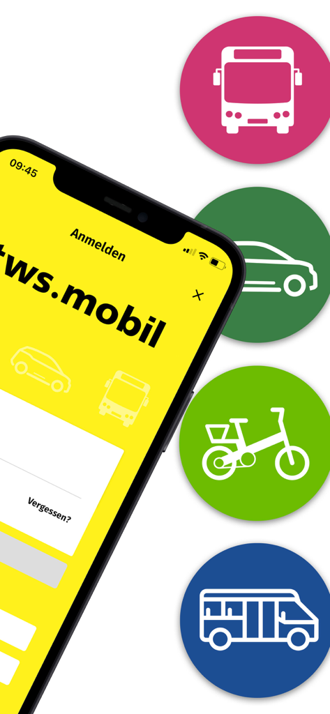 tws.mobil - tws.mobilアプリのログイン画面を、バス、カーシェア、バイクレンタルのアイコンの隣に表示するスマートフォン画面。