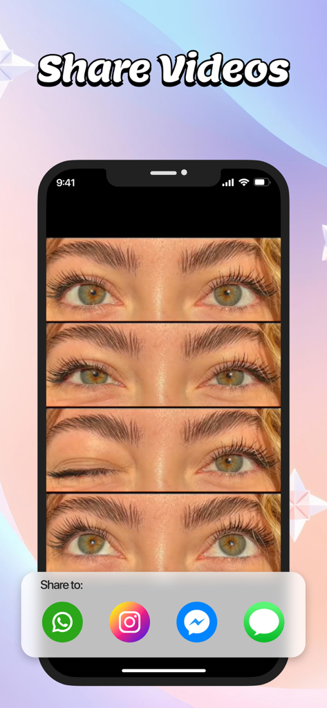 Face Delay - Time Warp Scan - A mobile app screenshot showing a four-frame eye trend effect and social media sharing options for Instagram and WhatsApp.