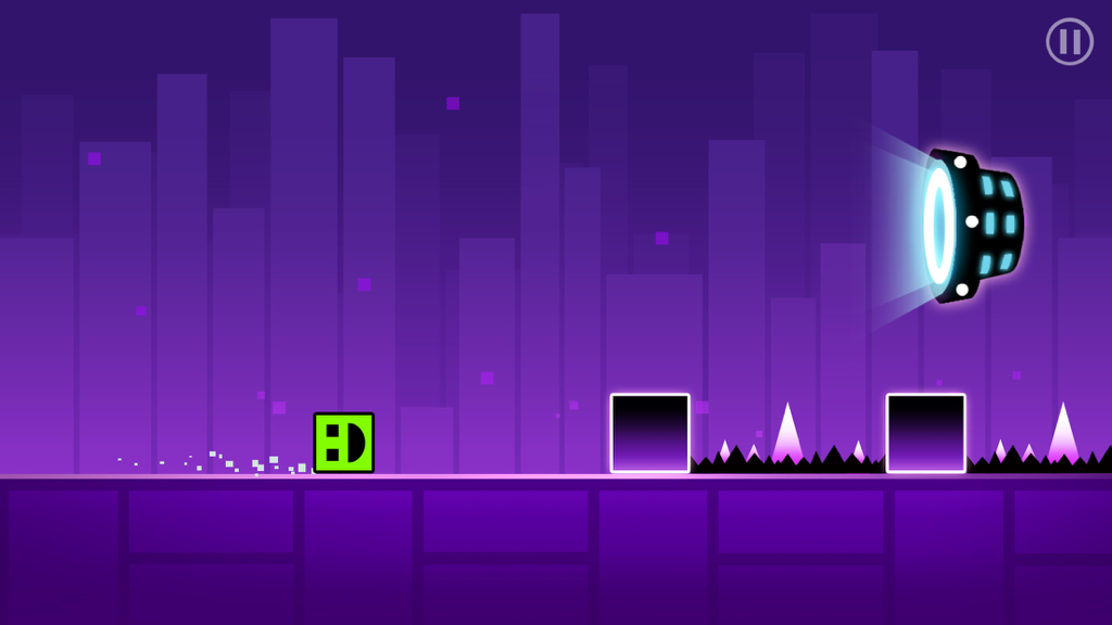 Geometry Run - Make The Block Dash - Personaggio blocco verde che naviga tra ostacoli e spuntoni in un livello arcade neon viola