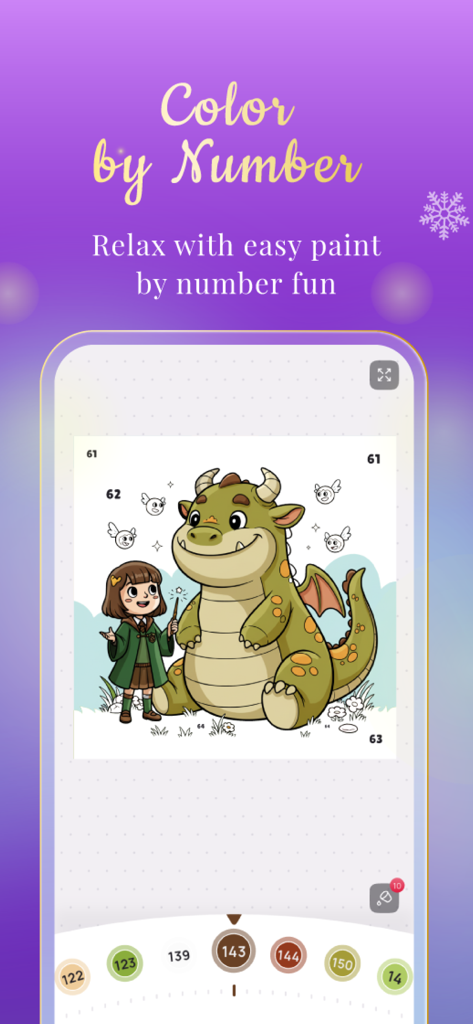 Adult Coloring Book - Artasy - Ilustración de colorear por número de una niña y un dragón sobre un fondo morado