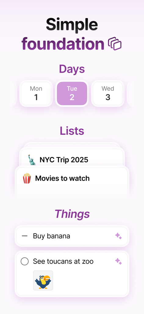 Twos: Get Things Off Your Mind - Twos app interface showing Days, Lists, and Things sections in a clean minimalist design.