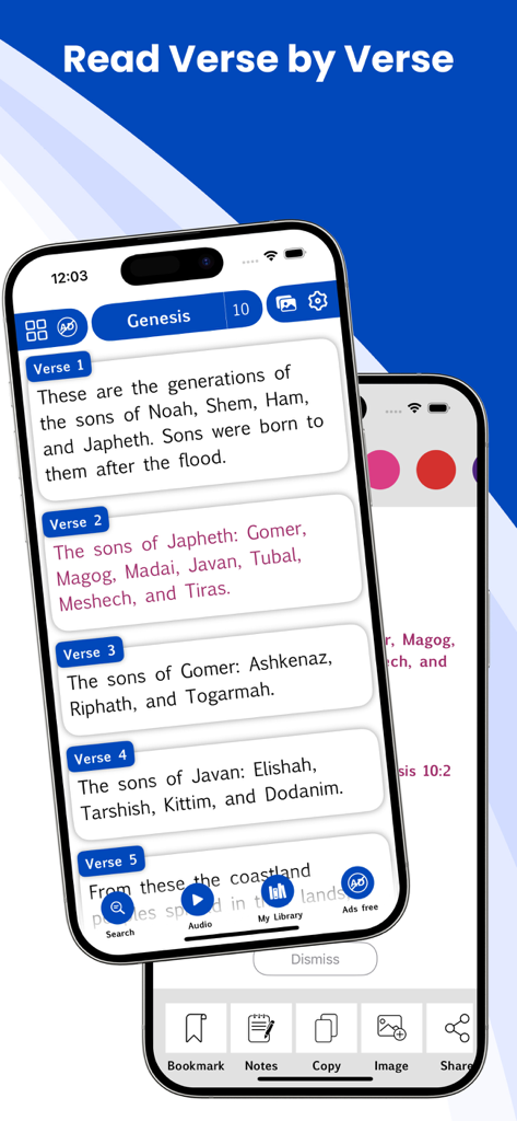 ESV Bible* - 創世記10章の逐語読解レイアウトでESV聖書アプリを表示している携帯電話。
