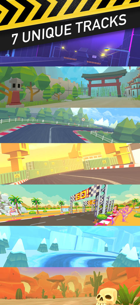 Thumb Drift - Furious Racing - A collage showcasing seven unique low-poly racing tracks from the Thumb Drift mobile game
