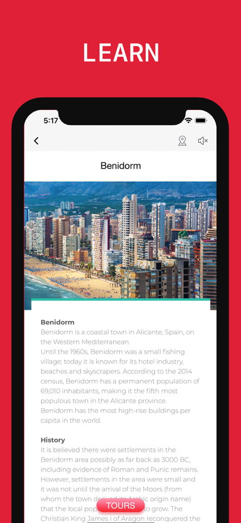 Benidorm city information and history section in the Alicante Travel Guide app