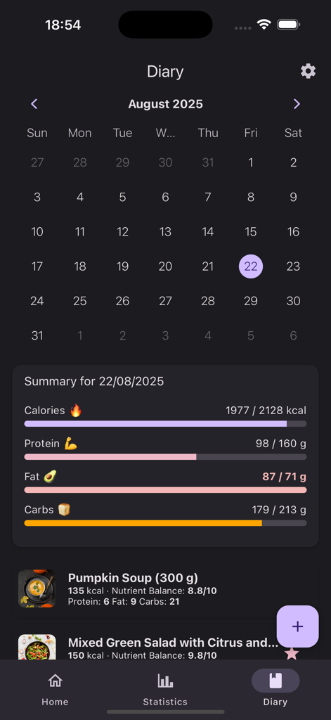 Calorie Counter Photo AI - Daily nutrition summary and macro tracking bars in the Calorie Counter Photo AI diary screen
