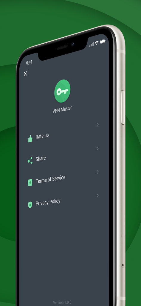 VPN Master Lite - Proxy Server - Settings menu of the VPN Master Lite app showing options for rating sharing and privacy policies