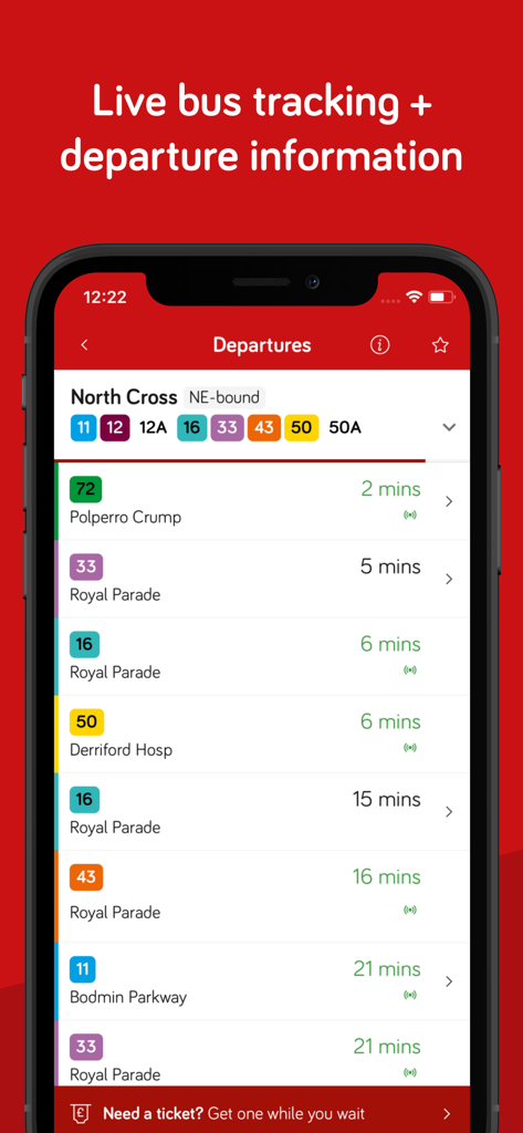 Plymouthbus - Plymouthbus mobile app interface displaying real time bus departure times and route numbers