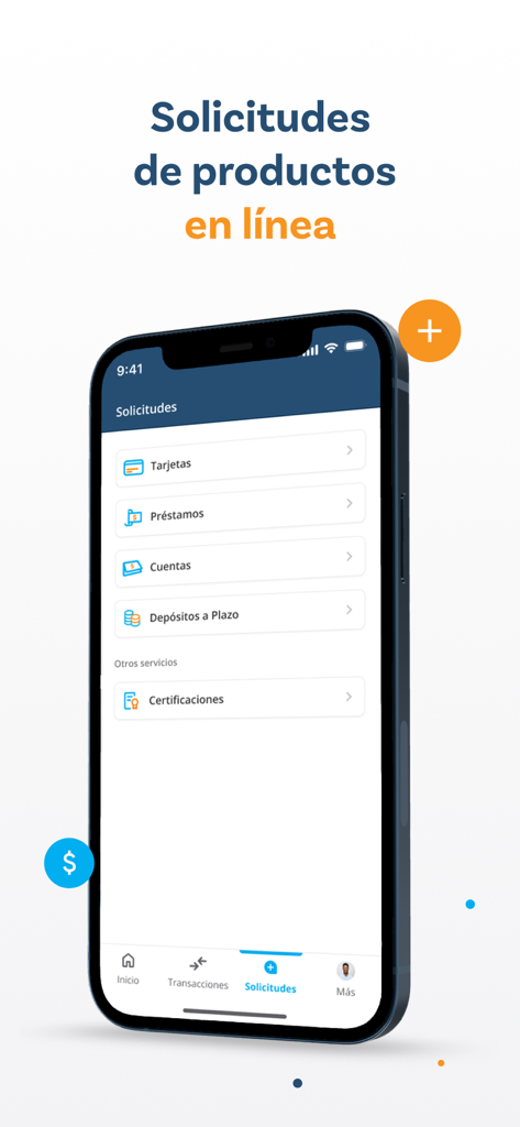 Banreservas - Écran de l'application mobile Banreservas affichant les options de demande numérique pour les cartes de crédit, les prêts et les comptes d'épargne