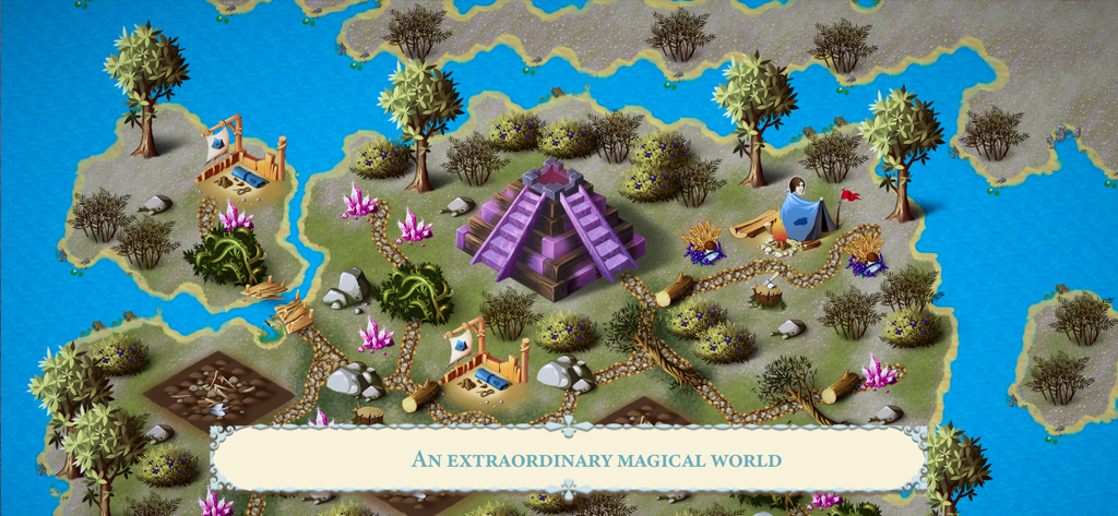 Royal Roads 2 - A colorful fantasy world in Royal Roads 2 featuring a purple pyramid magical crystals and stone paths